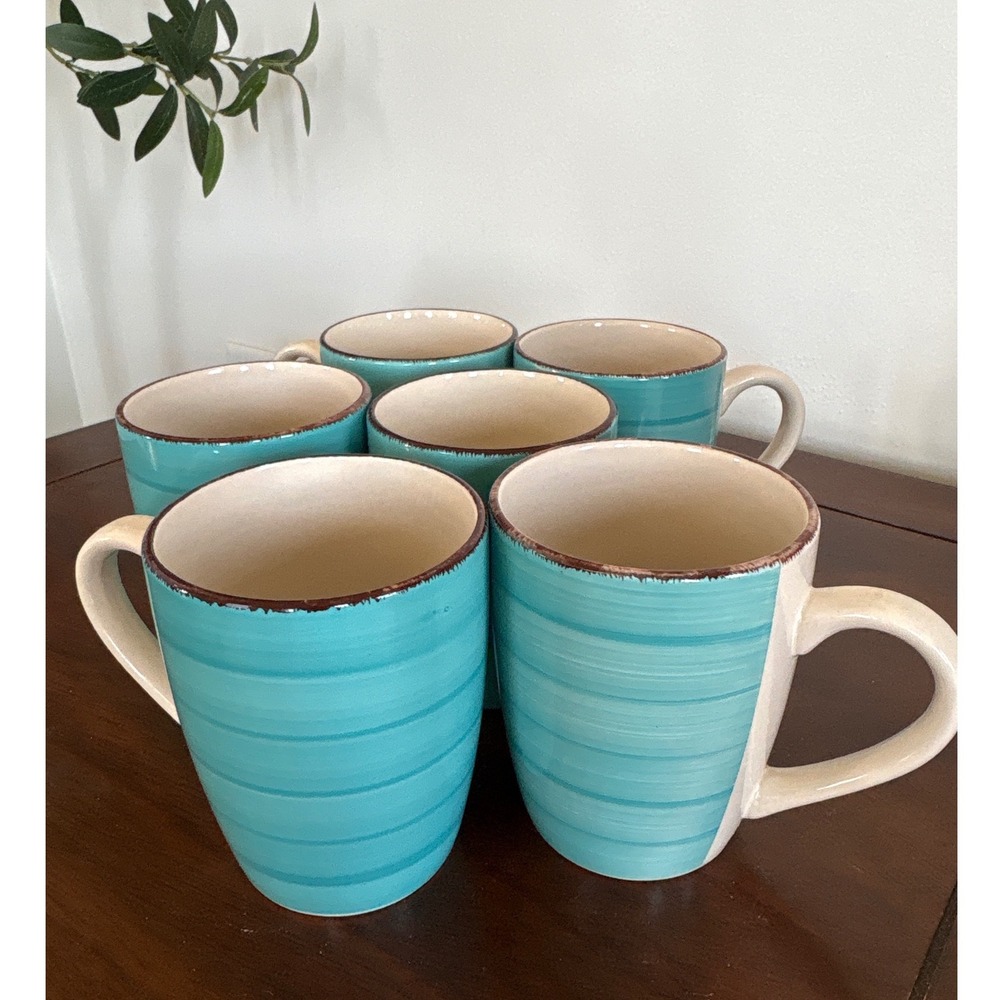 Royal Norfolk Aqua Blue Striped Ceramic Coffee Mugs Set of 6‎ NWOT